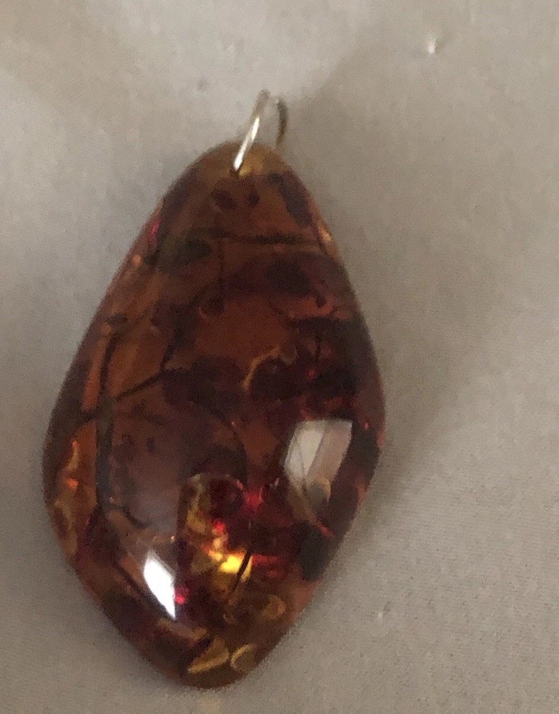 Vintage Baltic Amber Marquise Pendant Translucent Cognac Brown Orange Large