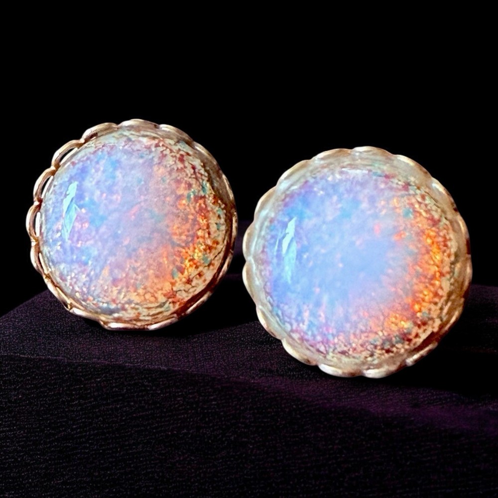 Opal Glass Clip On Earrings Iridescent Dome Gold Tone Vintage Mid Century