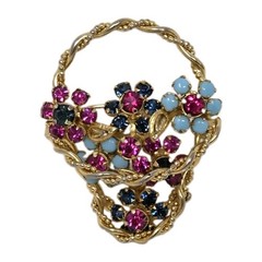 Pink Blue Rhinestone Flower Basket Brooch Pin Gold Tone Vintage 2 Inch Unsigned
