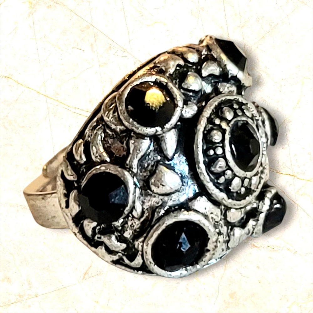 VTG Silver Tone Chunky Black Rhinestones Cocktail Dome Ring Adjustable
