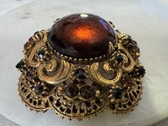 Signed Florenza Large Amber Glass Cabochon Rhinestone Gold Tone Vintage Brooch