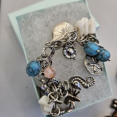 Vintage Silver Tone Charm Necklace Faux Turquoise Beaded Chain Bird Flower Beach