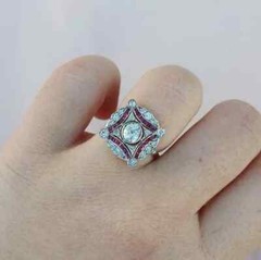 Art Deco Vintage Round Lab Created Diamond & Ruby 14K White Gold FN Wedding Ring