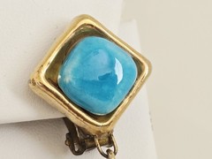 Vintage Artisan Gold Plated with Blue Ceramic Pottery Teardrop Clip On Earrings
