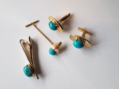 Vintage Matching Set Cufflinks, Tie Bar & Tack Gold Tone W Faux Turquoise Stones