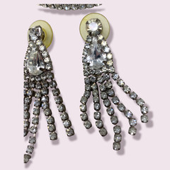 Vintage Chandelier Dangle Earrings + Bangle Bracelet Clear Prong Set Rhinestone