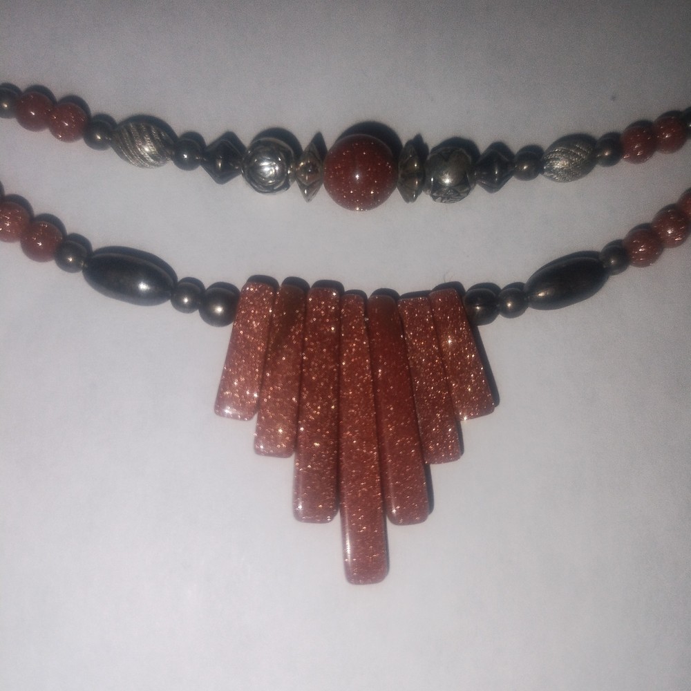 Vtg Southwest Silver Beads W Goldstone Fringe Design Necklace And Bracelet Set