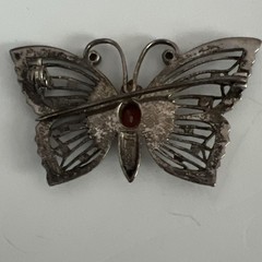 STERLING ( 925 ) BUTTERFLY BROOCH PIN WITH RED STONE & MARCASITES