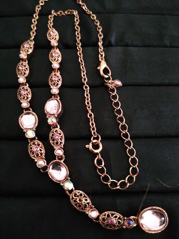 Vtg Avon SP Y-Drop Necklace Rose Gold Tone Glass AB Rhinestone 18″ Adjust(L176)