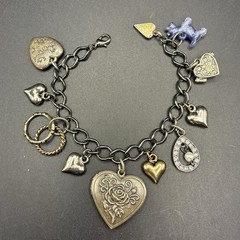 Vintage Bracelet & Charms of Mixed Metals Black: Hearts, LOCKET, Prayer Box, Dog