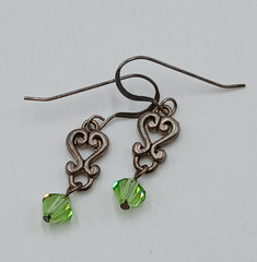 VTG 925 Green Bicone Crystal Earrings 1.25in Drop Sterling Silver Heart Scroll