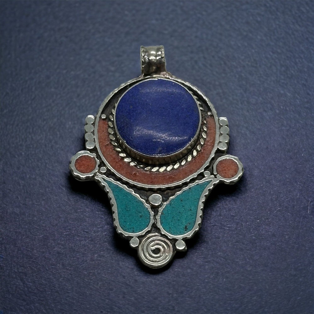 Tibetan Nepal Jewelry Ethnic Handmade Turquoise Coral Lapis Nice Brass Pendant