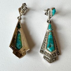 Vintage 925 Sterling Silver Marcasite Mixed Blue Turquoise Earrings Drop 4.5 cm