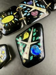 1950s/60s Enamel on Copper 3 Piece Studio Jewelry Set MCM Birds Trees Sunburst