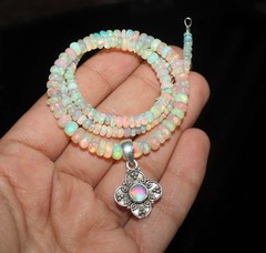 Natural Ethiopian fire opal beaded necklace with sterling silver opal pendant