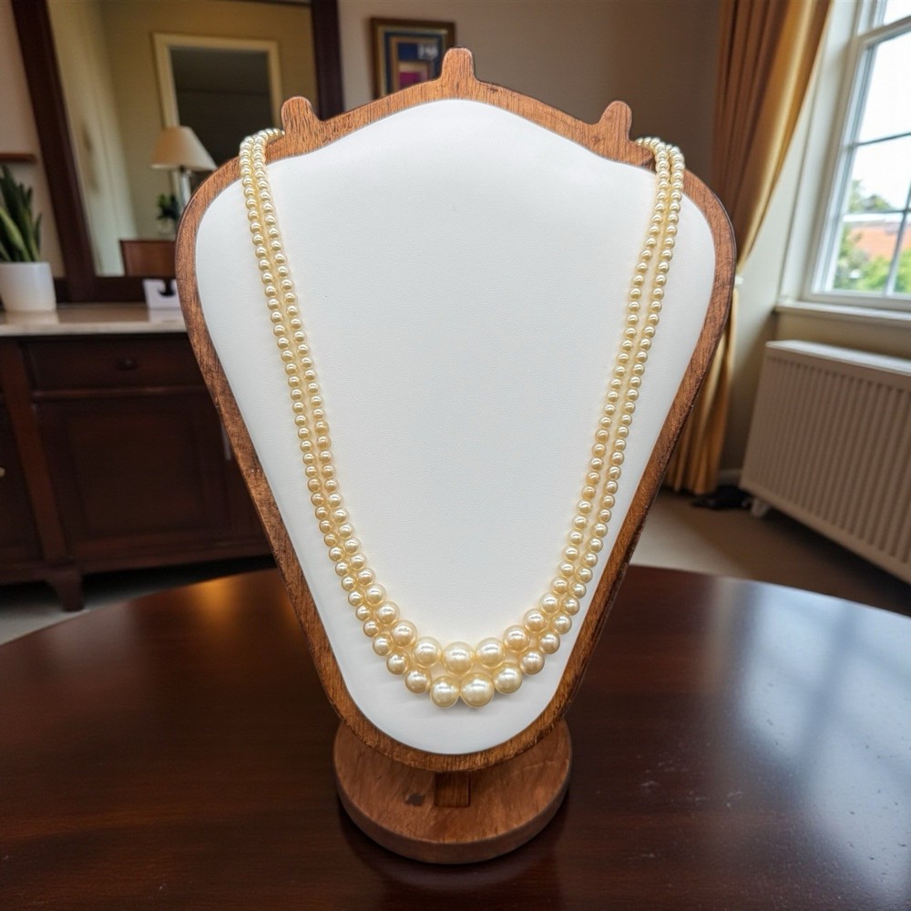 Vtg Double Strand Graduated Faux Pearl Necklace Fancy Box Clasp 21” Cottagecore