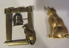 Vintage Cat Pins signed J.J. cat and bird / cage cat articulated tail