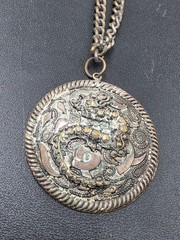 Vintage Asian Dragon Medallion Pendant Necklace | Antique Silver Tone Statement