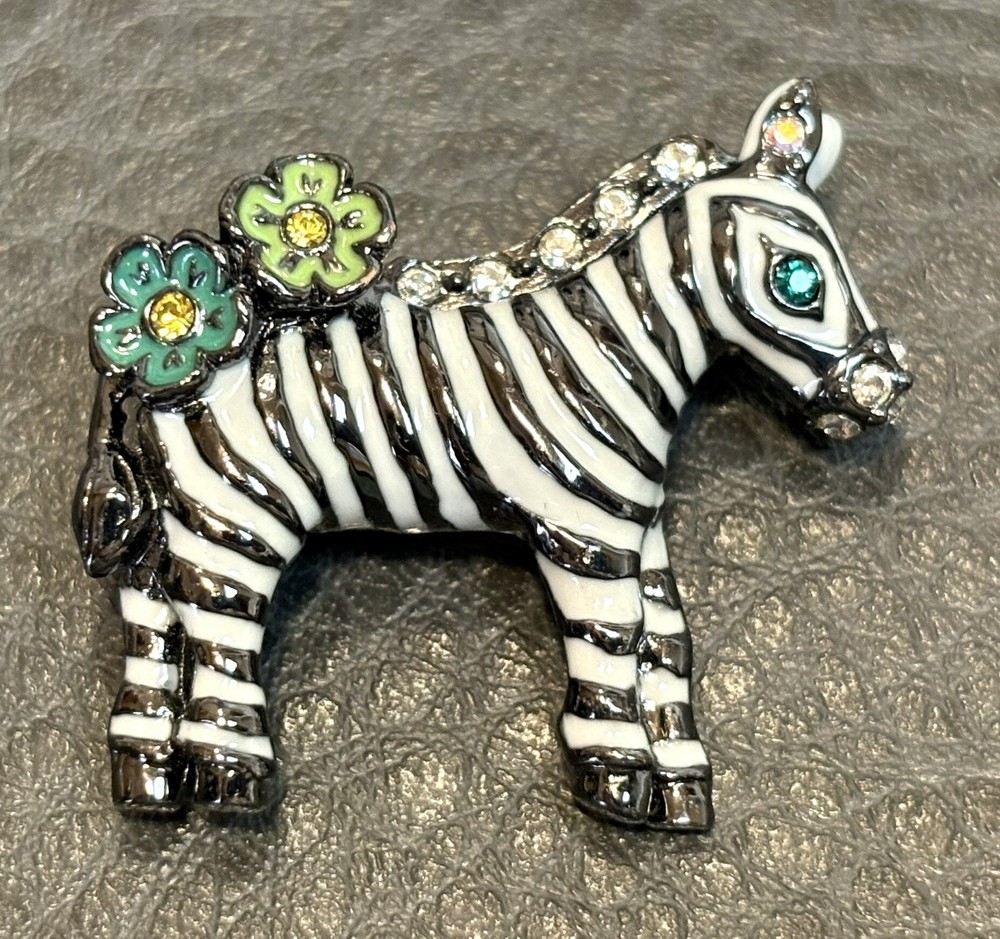 ANNA SUI Zebra Enamel Rhinestone Designer Couture Pendant Brooch Vintage 90’s