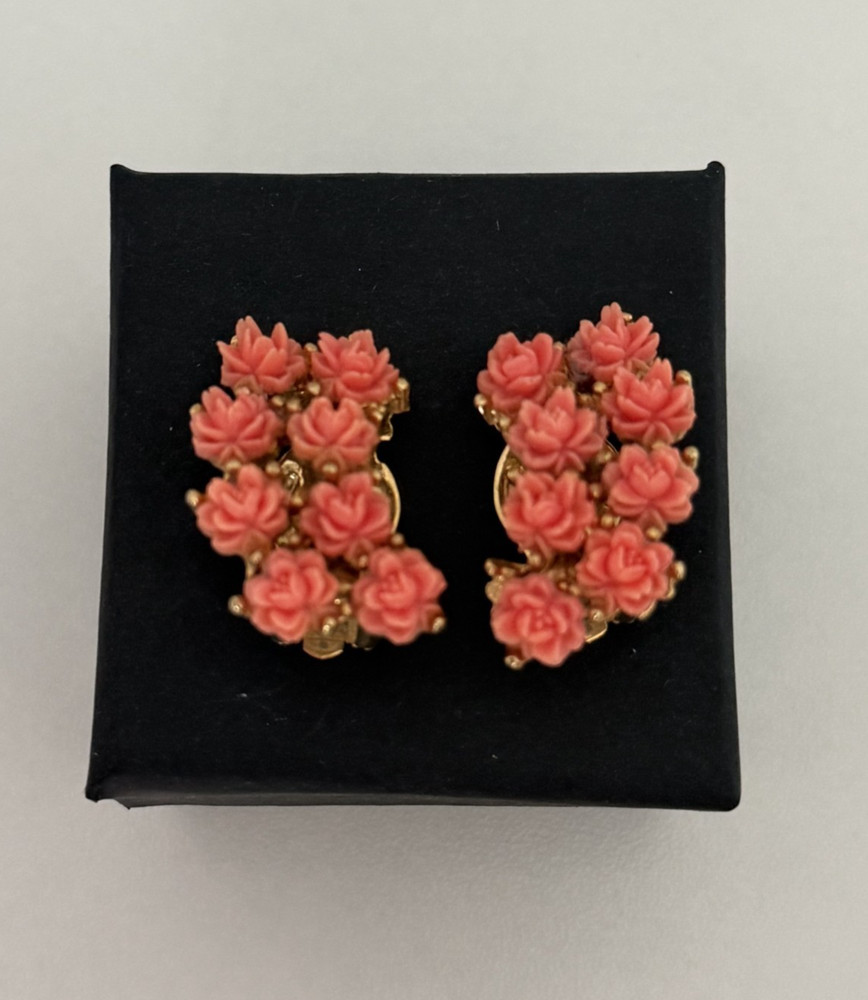 Vintage Faux Coral Carved Celluloid Rose Flower Climber Clip On Earrings 1″