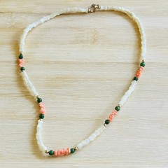 VTG Floral Coral Necklace Mother Of Pearl Jade Genuine Beads Carved Gold Filled