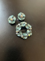 Vintage Aqua Blue Rhinestone Wreath Brooch and Clip On Earrings Set AB Accents