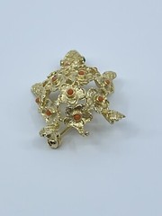 Vintage Brooch Pin De Nicola turtle faux coral and green rhinestone 1-3/4″