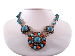 Tribal Boho Ethnic faux Turquoise Coral Cluster Medallion Choker Necklace