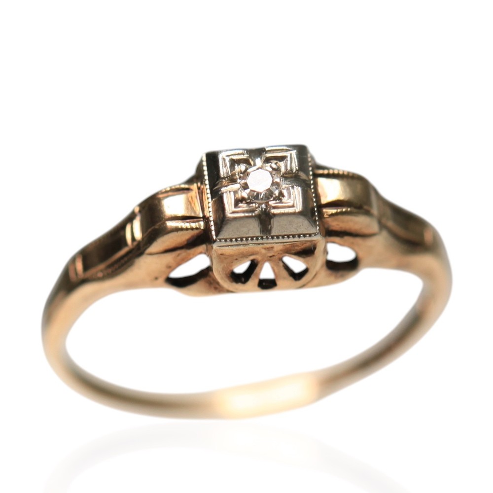 1930s Art Deco 10K Gold Diamond Engagement Ring Two Tone Illusion Sz 7.25