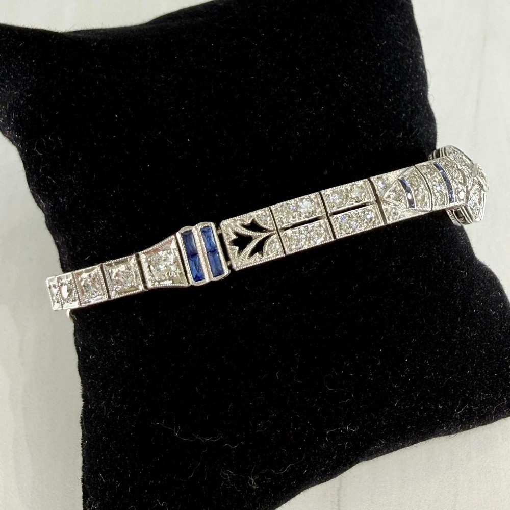 Antique 1925 Art Deco Sapphire and Old Cut Diamond Bracelet Platinum