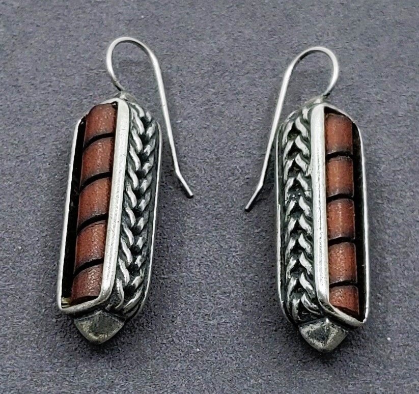 Vintage BEN-AMUN Modernist Silver Bar Dark Red Stripe Dangle Pierced Earrings