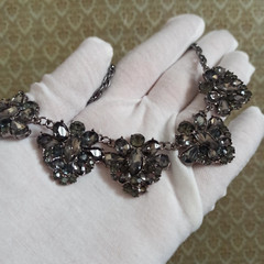 Vintage Smoky Gray Necklace Cocktail Rhinestone Bib Victorian Revival Royal VTG