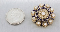 Elegant Ladies Antique 14K Yellow Gold 2.25ctw Diamond Blue Enamel Brooch Pin