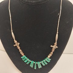 Silvertone Beaded Faux Malachite Gemstone Necklace With Birds Barrel Clasp 21″