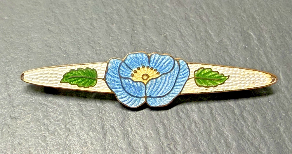 ANTIQUE BLUE WHITE GREEN GUILLOCHE FLORAL 2.5″ BAR BROOCH N389