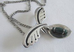 VINTAGE MEXICO STERLING NECKLACE PENDANT BROOCH w CHRYSOPRASE, 2 1/4 INCH PENDT