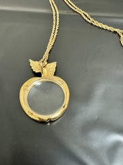 Vintage 70’s Loupe Magnifying Glass Apple Pendant Long Gold Tone Chain Necklace