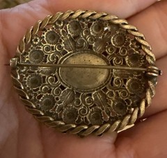 Victorian Brooch Brass Filigree Blue Yellow Flower Red Stone C Clasp Boho Czech?