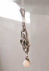 Antique Art Deco 935 Silver Marcasite & Pearl Pendant Necklace 18″, Pristine