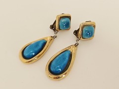 Vintage Artisan Gold Plated with Blue Ceramic Pottery Teardrop Clip On Earrings
