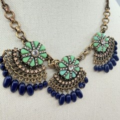 Vintage Antique Gold Tone Bib Necklace Floral Green Resin Navy Blue Bead Fringe