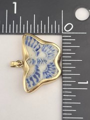 Antique Siam Blue White Porcelian Butterfly Gambling Token 14k Gold Pendant