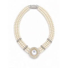 Vintage Multi-Strand Faux Pearl Statement Necklace Rhinestone Cabochon Chunky
