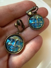 Grandmother’s Buttons Vintage Earrings Czech Art Glass Man In The Moon Clip-On