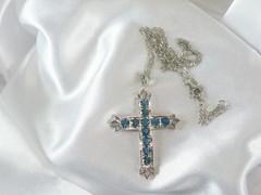 Vintage Sterling Silver 925 Heated London Blue Topaz Cross Pendant Necklace