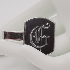 G Letter Old English Script Silver Tone Black Enamel SWANK Tie Clip Clasp