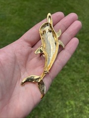 Gold-Tone Dolphin Pin w/ Faux Diamond Stone Eye Brooch Vtg 4.25″