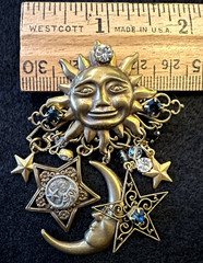 Celestial Sun Moon & Stars Brooch With Crystals – Antique Brass-tone