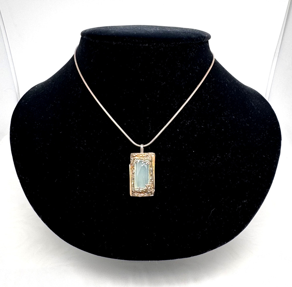 Vintage 925 Silver And Gold Necklace With Green Stone Delicate And Special.