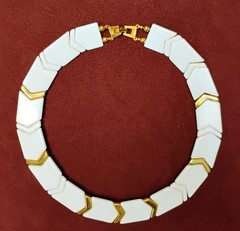Gold Tone and White Plastic Beaded Circular Necklace Circa 1970’s Unbranded